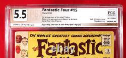 FANTASTIC FOUR #15 PGX 5.5 FN- Fine- signed by STAN LEE and JACK KIRBY HTF +CGC