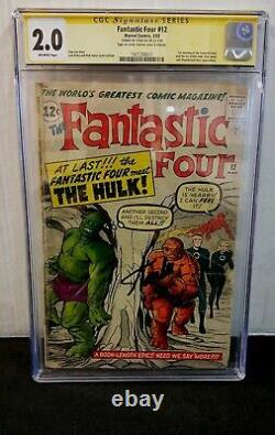 Fantastic Four #12 Cgc 2.0 Ss Signed Stan Lee Incredible Hulk Rick Jones