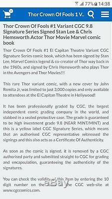 ThorCrown Of Fools 1 CGC 9.8 signed Stan Lee & Chris Hemsworth just3000 copies